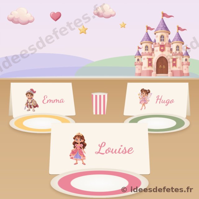 Marque-places princesse à imprimer : une carte au prénom de chaque enfant, debout derrière son assiette