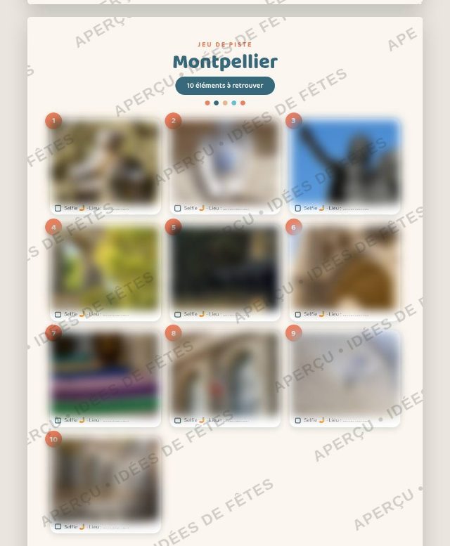 Planche des 10 photos mystère à retrouver dans Montpellier (aperçu flouté)