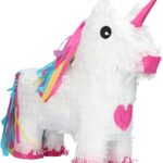 Piñata licorne blanche à corne rose et crinière de franges multicolores, prête à être suspendue