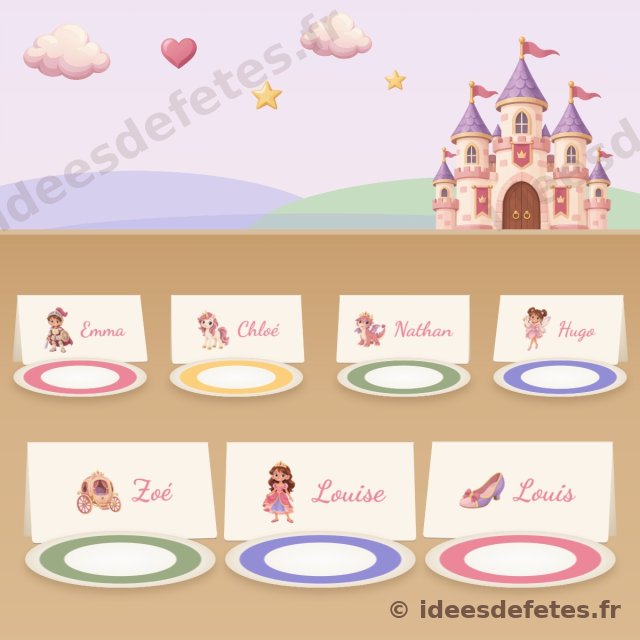 Porte-prénoms princesse à imprimer : sept cartes au prénom des invités sur la table du goûter