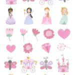 Planche de tatouages éphémères roses : princesses, châteaux, carrosses, papillons et cœurs