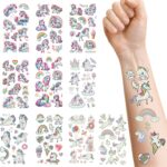 Planches de tatouages éphémères licornes et arcs-en-ciel, avec un motif déjà appliqué sur un avant-bras