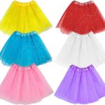 Six tutus en tulle pailleté jaune, rouge, bleu, blanc, rose et violet pour déguiser les invitées
