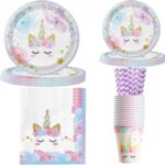Vaisselle jetable licorne : assiettes, serviettes, gobelets et pailles rayées aux fleurs pastel