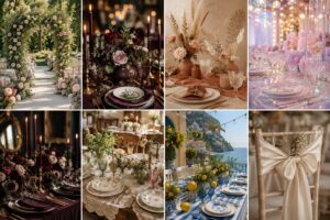 Huit ambiances de décoration de mariage 2027 en mosaïque, du romantique fleuri au bleu méditerranéen