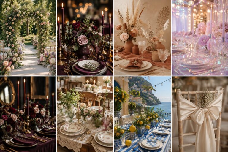 Huit ambiances de décoration de mariage 2027 en mosaïque, du romantique fleuri au bleu méditerranéen