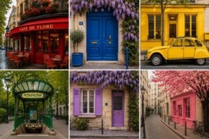 Six façades parisiennes colorées, du rouge du Café de Flore à la 2CV jaune, terrain de jeu du color hunting