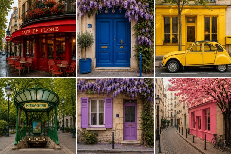 Six façades parisiennes colorées, du rouge du Café de Flore à la 2CV jaune, terrain de jeu du color hunting