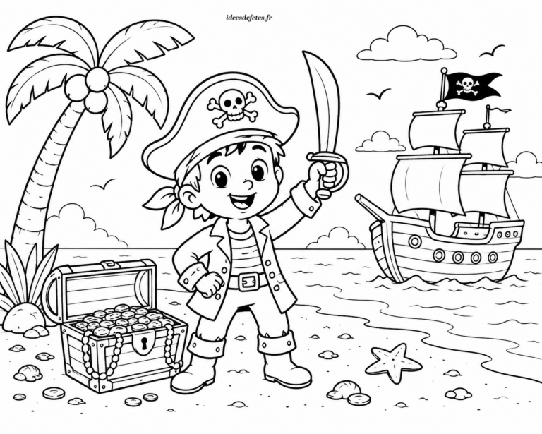 Coloriage pirate à imprimer : petit pirate brandissant son sabre sur la plage devant son bateau