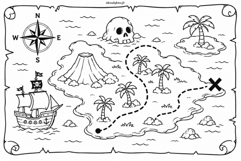 Coloriage pirate à imprimer : carte au trésor avec volcan, palmiers, galion et croix marquant le butin