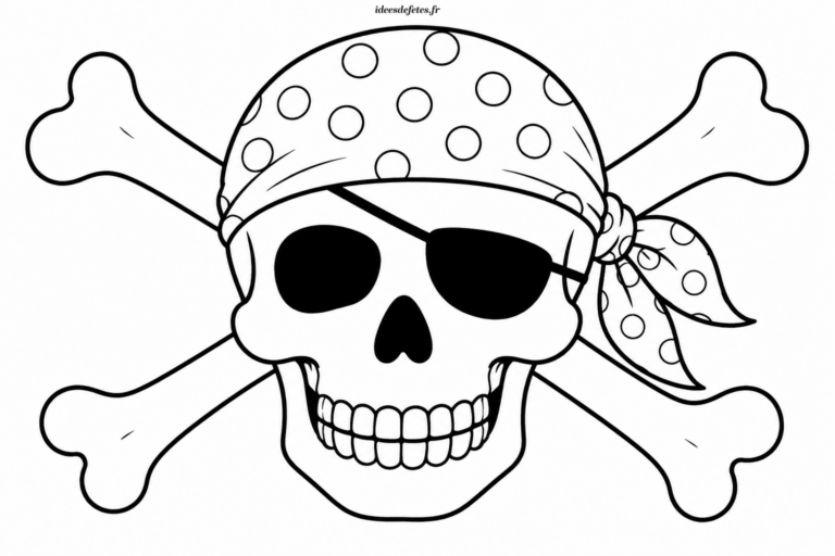 Coloriage de tête de mort à imprimer : bandana à pois, cache-œil et os croisés
