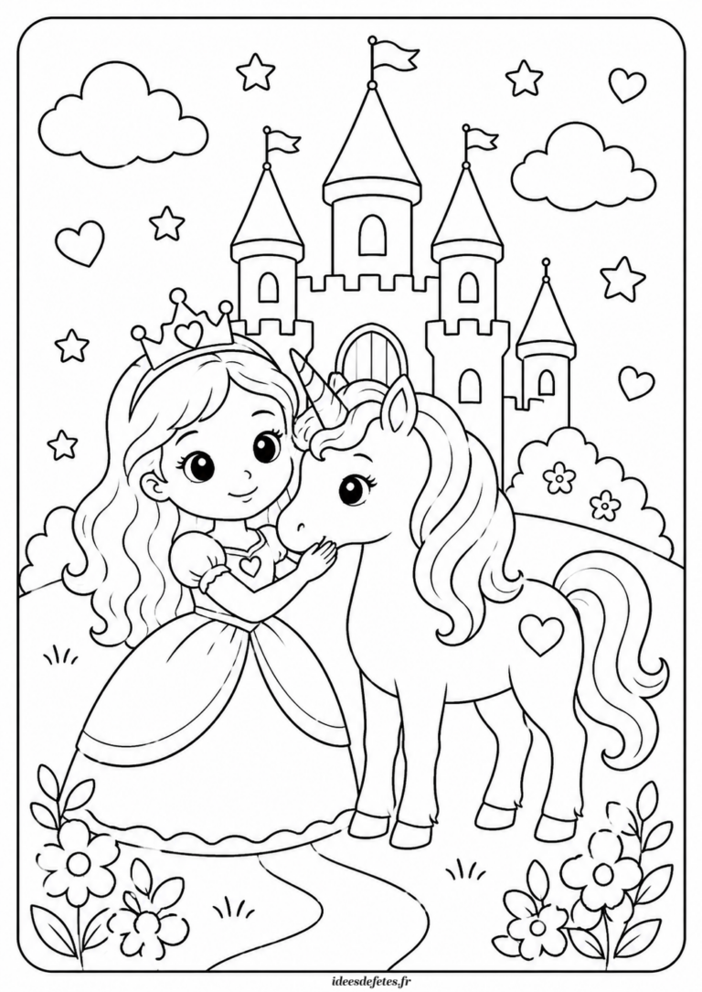 Coloriage licorne et princesse à imprimer : câlin devant le château