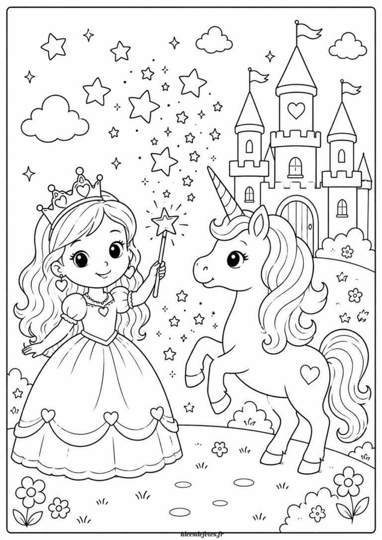Coloriage princesse à la baguette magique avec sa licorne cabrée