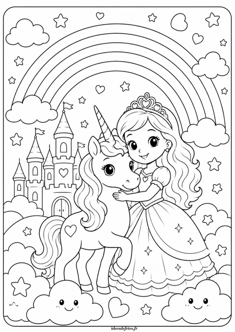 Coloriage licorne et princesse sous l’arc-en-ciel, nuages souriants