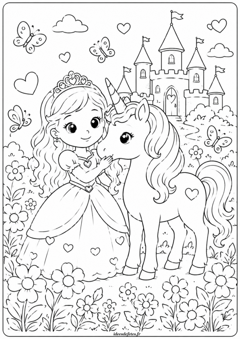 Coloriage princesse et licorne dans un jardin fleuri, papillons et château