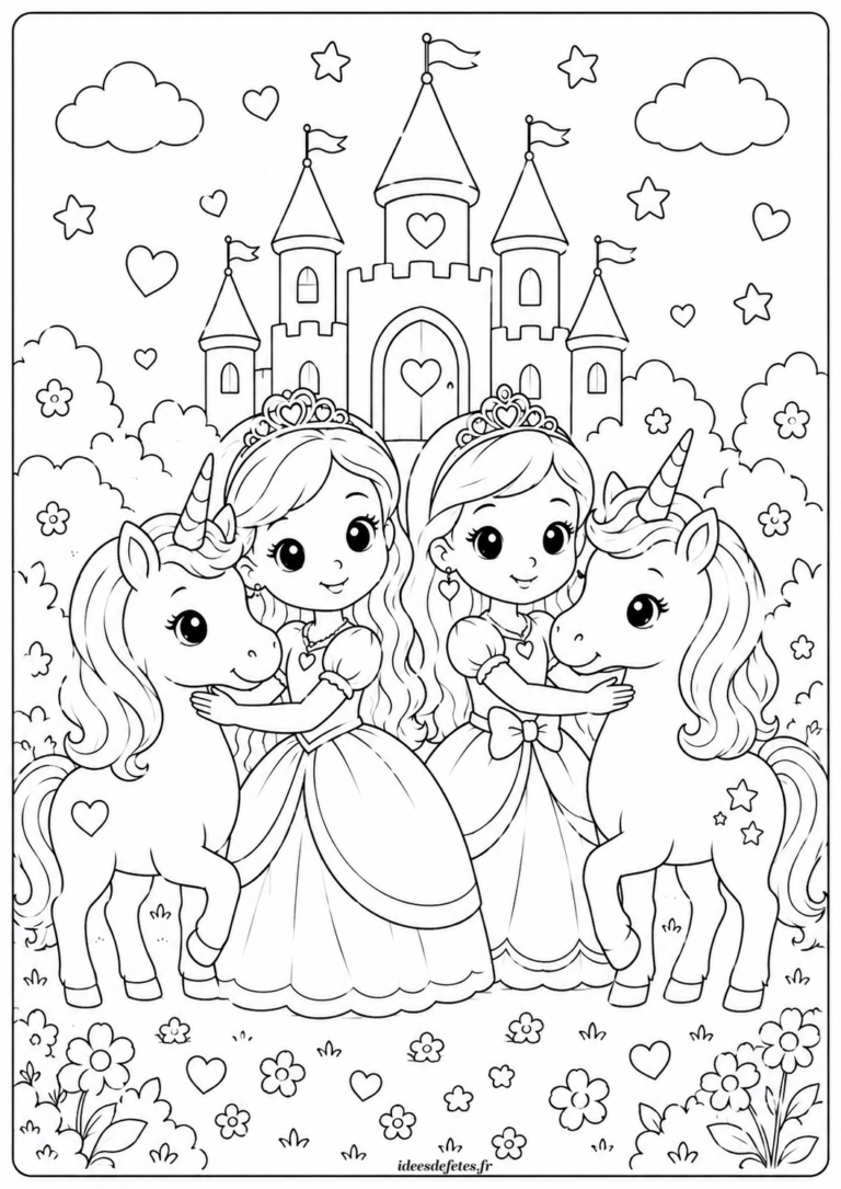 Coloriage de deux princesses et leurs licornes devant le château