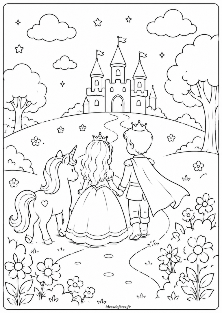 Coloriage princesse, prince et licorne sur le chemin du château