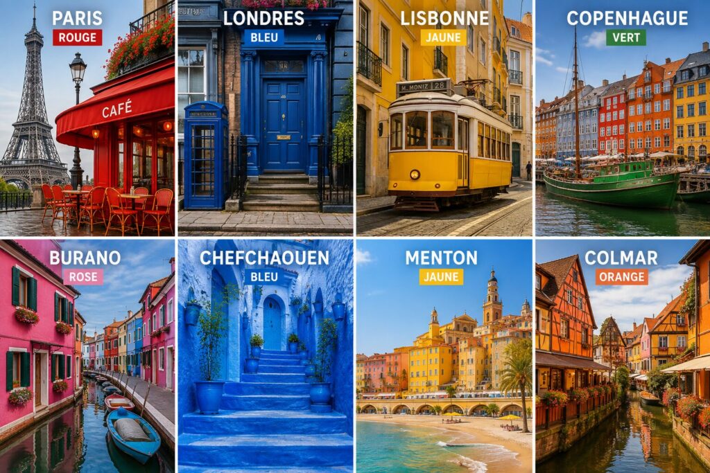 Color hunting : mosaïque de huit villes et leur couleur signature, de Paris en rouge à Colmar en orange
