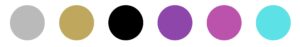 Palette de couleurs pour un anniversaire disco : argent, doré, noir, violet, rose fuchsia et turquoise