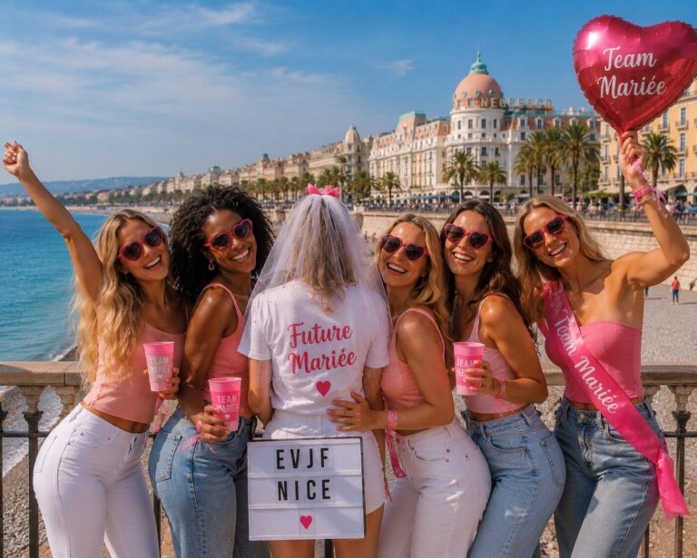 Groupe d'amies en EVJF à Nice sur la promenade des Anglais, pancarte EVJF Nice et ballon Team Mariée