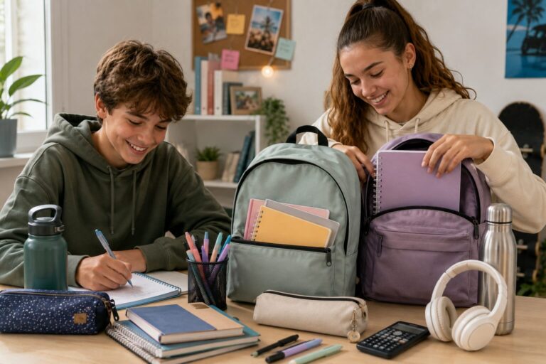 Deux adolescents préparant leur rentrée au collège avec sacs à dos, fournitures et casque audio