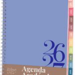 Agenda académique 2026-2027 à spirale bleu lavande avec onglets mensuels colorés