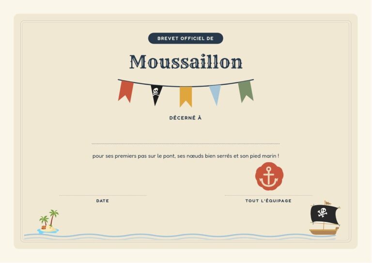 Brevet de moussaillon à imprimer pour les enfants de 3 à 5 ans