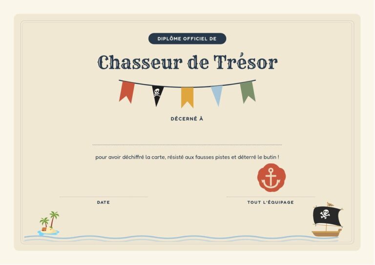 Diplôme de chasseur de trésor à imprimer, remis à la fin de la chasse au trésor