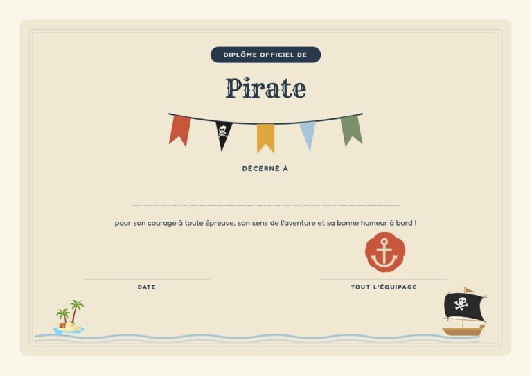 Diplôme de pirate à imprimer : cadre crème, guirlande de fanions et cachet à l ancre