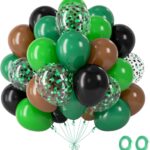 Bouquet de ballons verts, marron et noirs avec confettis pour une décoration d'anniversaire dinosaure