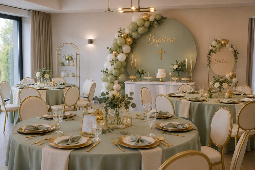 Salle de baptême chic aux tables rondes vert sauge et chaises dorées, arche de ballons et panneau Baptême