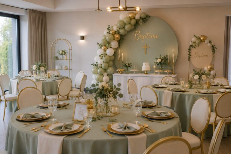 Salle de baptême chic aux tables rondes vert sauge et chaises dorées, arche de ballons et panneau Baptême