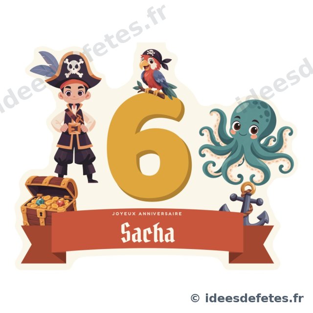 Cake topper pirate à imprimer : l’âge en grand, le prénom sur un ruban et deux pirates de chaque côté
