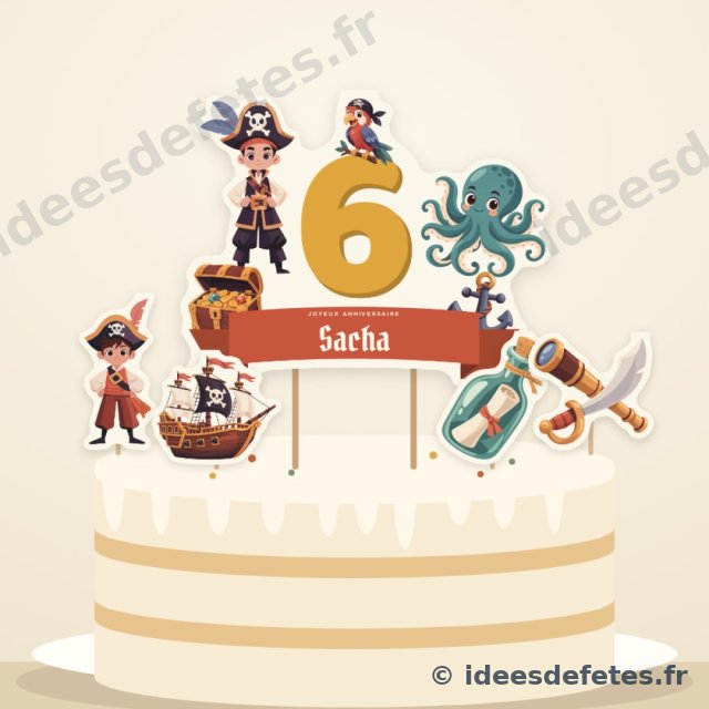 Cake topper pirate à imprimer, planté sur le gâteau d’anniversaire : l’âge en grand, le prénom et les pirates du kit