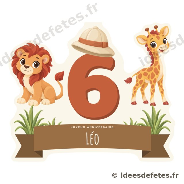 Cake topper safari à imprimer : l’âge en grand coiffé du casque d’explorateur, le prénom sur un ruban, le lion et la girafe de chaque côté