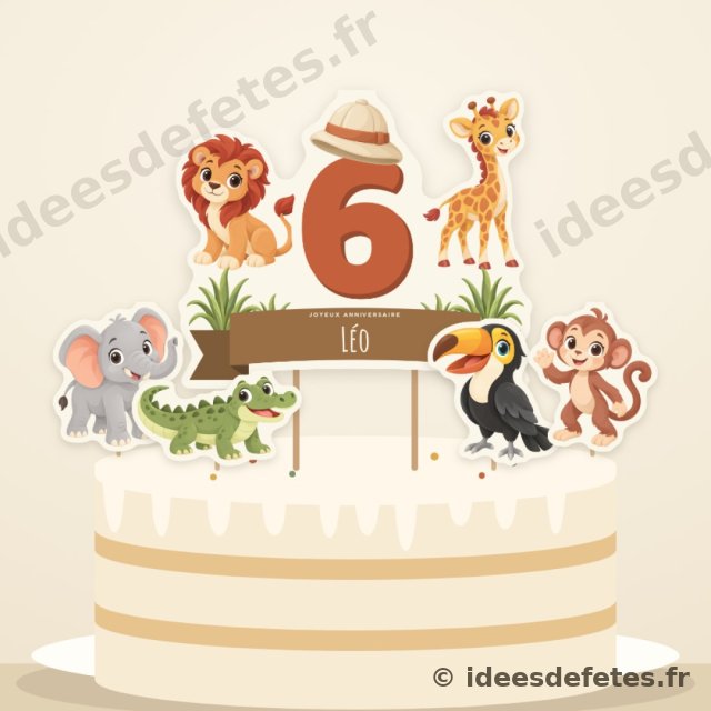 Cake topper safari à imprimer, planté sur le gâteau d’anniversaire : l’âge sous le casque d’explorateur, le prénom, le lion et la girafe