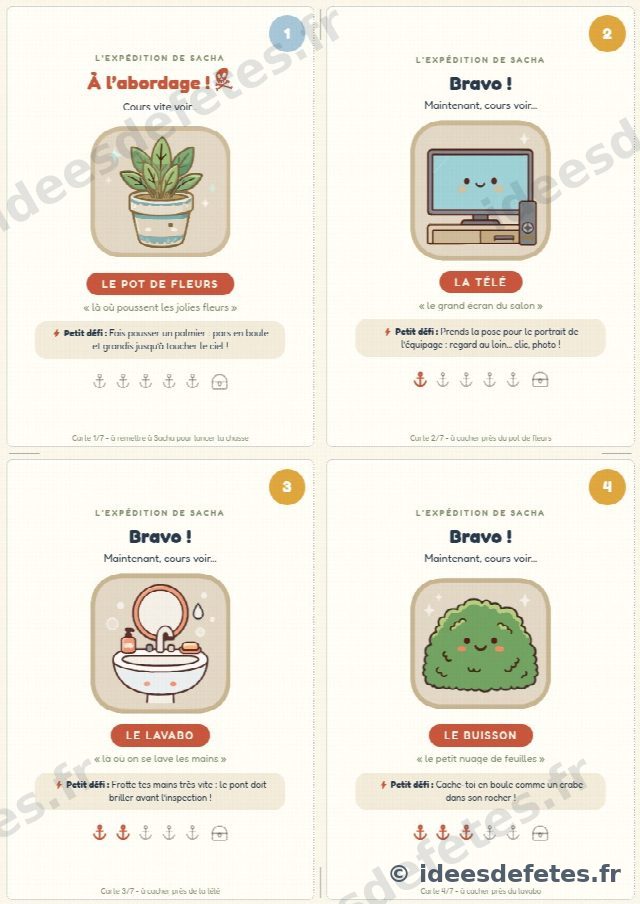 Chasse au trésor pirate à imprimer : cartes indices avec les cachettes réelles de la maison