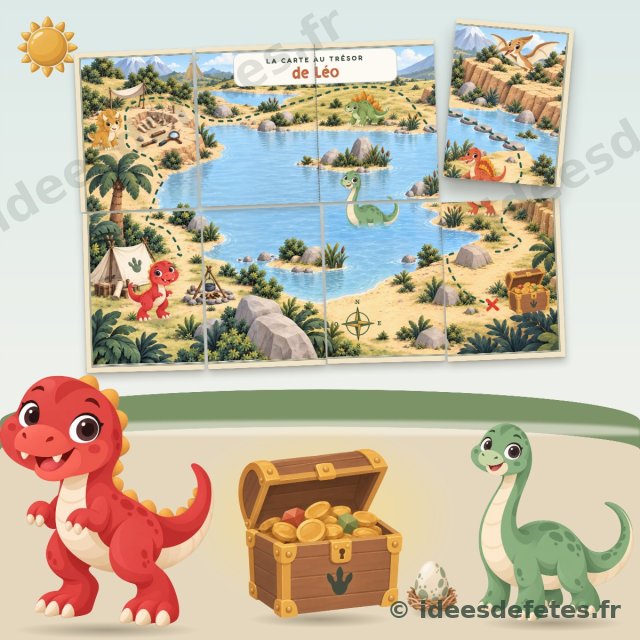 Chasse au trésor dinosaure à imprimer : la carte au trésor de la Vallée des Volcans à reconstituer et le coffre