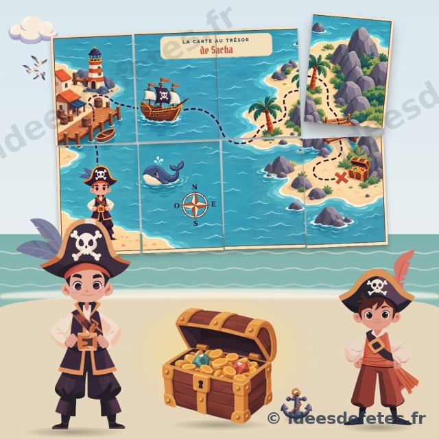 Chasse au trésor pirate à imprimer : la carte au trésor à reconstituer morceau par morceau et le coffre