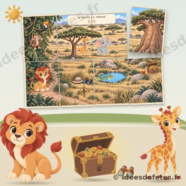 Chasse au trésor safari à imprimer : la carte de la savane à reconstituer, le coffre et les animaux