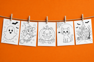 Coloriages Halloween suspendus par des pinces à linge : fantôme, sorcière, citrouille, chat et maison hantée