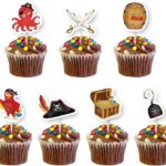Cupcakes au chocolat décorés de toppers pirates : pieuvre, sabres croisés, tonneau de rhum et coffre au trésor