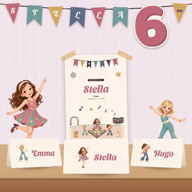Décoration d'anniversaire disco à imprimer : affiche Stella 6 ans, guirlande de fanions et marque-places