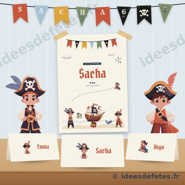 Décoration d’anniversaire pirate à imprimer : guirlande au prénom, affiche et marque-places sur la table