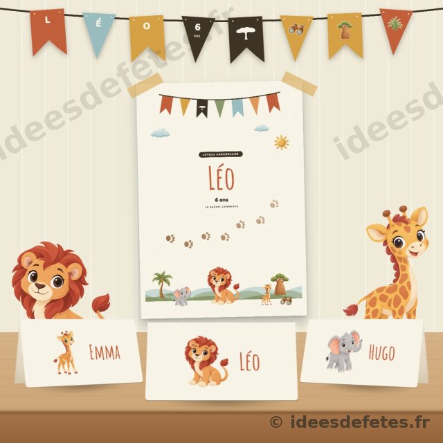 Décoration d’anniversaire safari à imprimer : guirlande au prénom, affiche de bienvenue et marque-places sur la table
