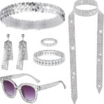 Parure disco argentée à strass : bandeau, écharpe à franges, boucles d'oreilles, bracelet et lunettes