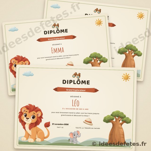 Diplôme de Grand Explorateur personnalisé à imprimer, au prénom de chaque enfant, avec le lion et la girafe