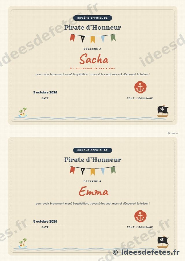 Diplôme de pirate d'honneur à imprimer : personnalisé au prénom de chaque moussaillon