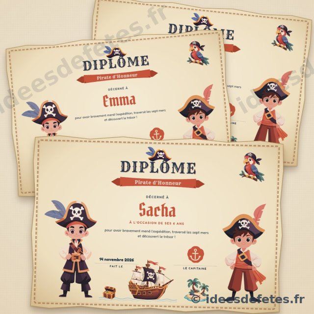Diplôme de pirate personnalisé à imprimer : trois diplômes au prénom des enfants, sur parchemin