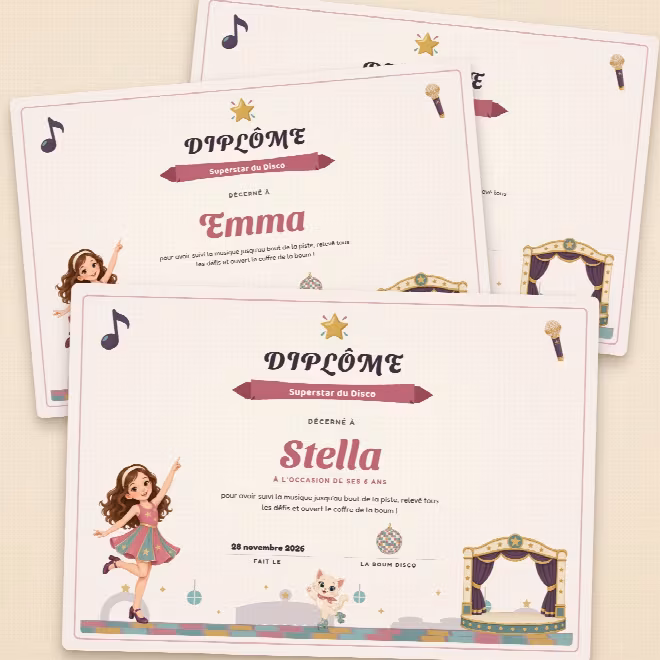Diplômes d'anniversaire disco à imprimer, personnalisés au prénom de chaque invité